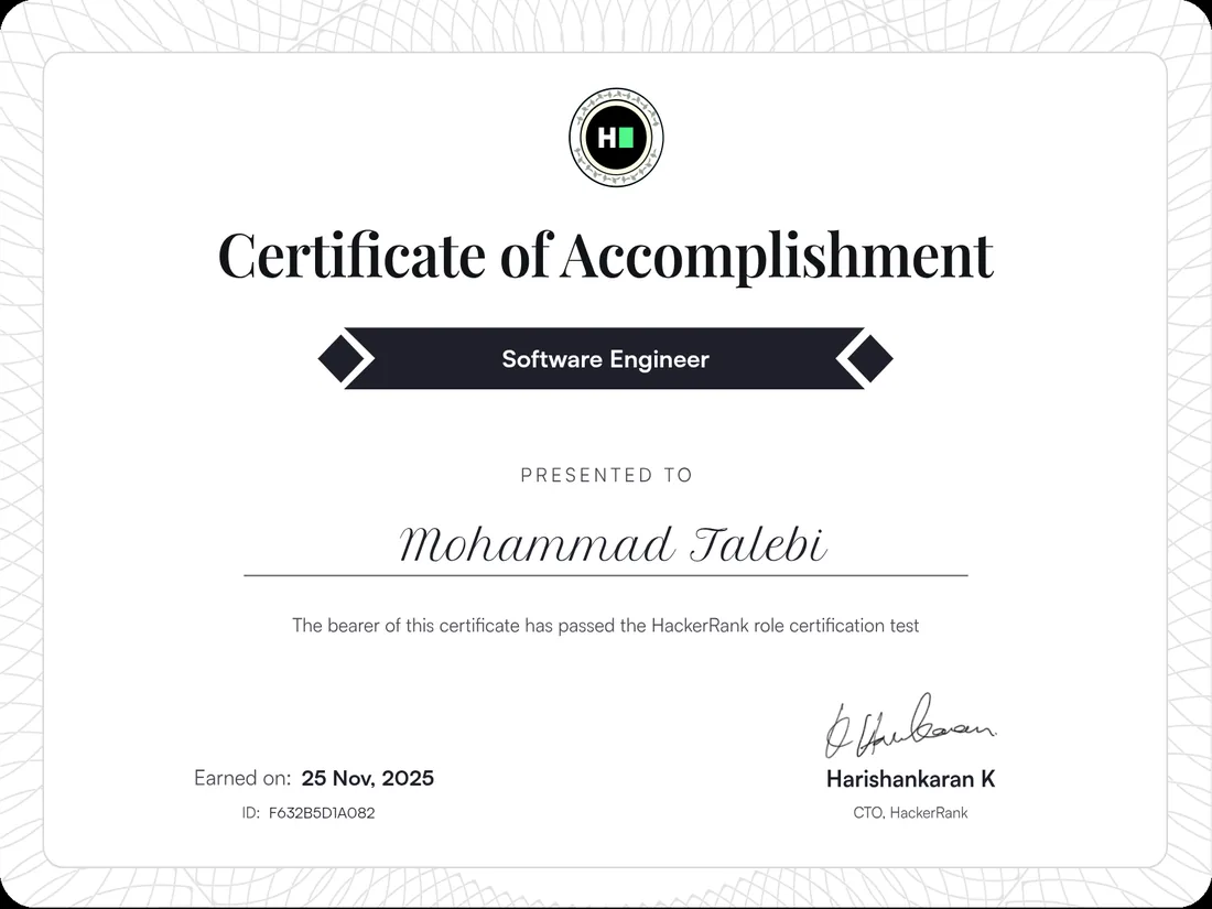 HackerRank Software Engineer certificate