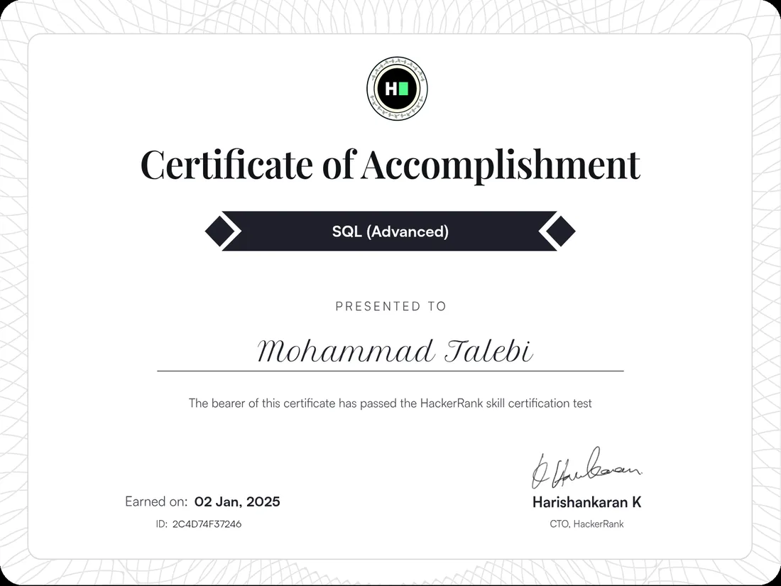 HackerRank SQL (Advanced) certificate